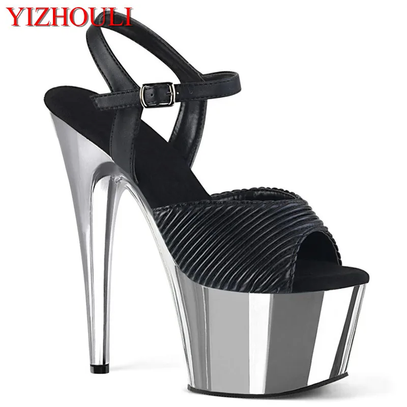 Sexy summer sandals, 17 cm silver plated stiletto heels at model nightclub, striped vamp pole dancing shoes