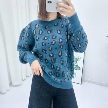 

Women Leopard Knitted Sweater O-Neck Winter Animal Print Winter Thick Long Sleeve Female Pullovers