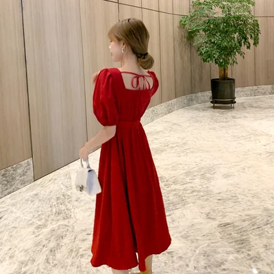 2021 Summer French Romantic Purple Red Women Midi Dress Preppy Style Patchwork Puff Sleeve Beading Square Collar Ladies Dresses | Женская