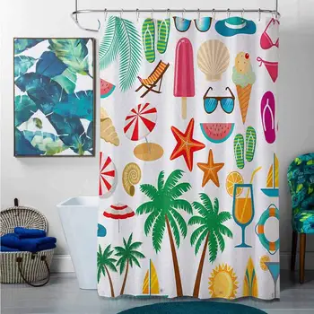 

Shower Curtains Seasonal Beach,Summer Icons Trees Bikini Glasses Umbrella Starfish Watermelon Abstract Vacation, Multicolor,W65