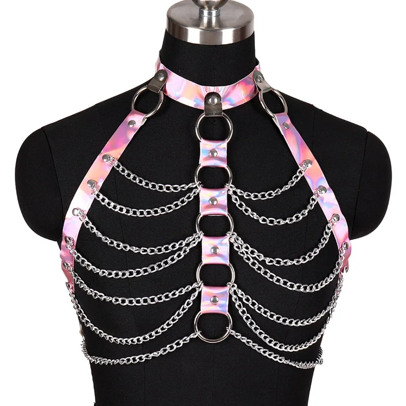 Laser Leather Body Harness Cage Bra Lingerie Belt Fetish for Women Sexy Punk Goth Bondage Crop Tops Harness Bra Dance Club Rave
