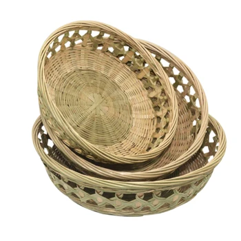 

Bamboo Plate Hand-Woven Storage Basket Groceries Round Cutout Fruit Plate Snacks Desktop Storage Box,22+25+27cm