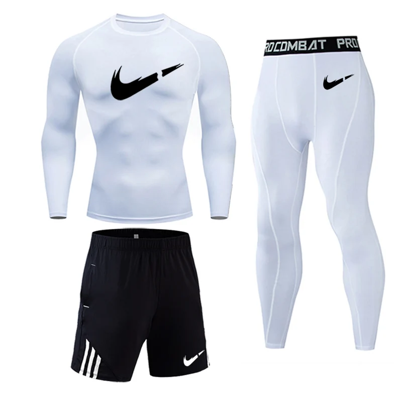 Men's Thermal Underwear Set Quick-drying Jogging Training T-shirt Leggings Gym Suit Rashgard Winter Men's Sportswear Sets - Цвет: 3pc sets