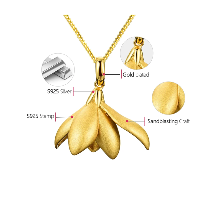 Lotus Fun 18K Gold Elegant Magnolia Flower Pendant without Necklace Real 925 Sterling Silver Handmade Fine Jewelry for Women