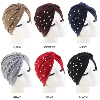

58cm Muslim Hair Caps Women Pearl Beading Elastic Turban Hat Sleep Night Wrap Cotton Twist Cap Hijab Headwear Hair Styling Tool