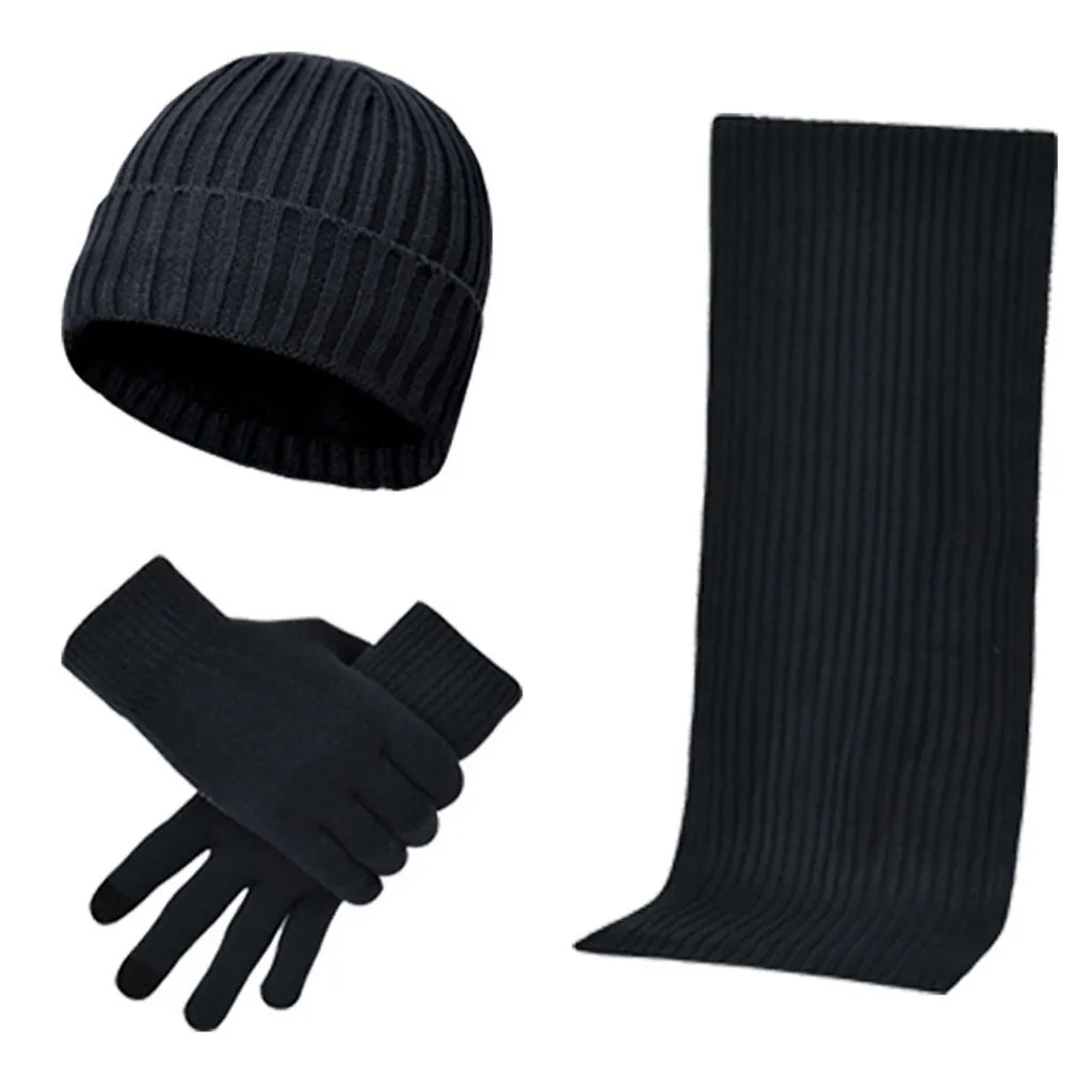 Вязаный шарф унисекс, шапка и перчатки, набор, зимняя уличная Теплая эластичная шапка, плотный шарф и варежки, повседневный комплект