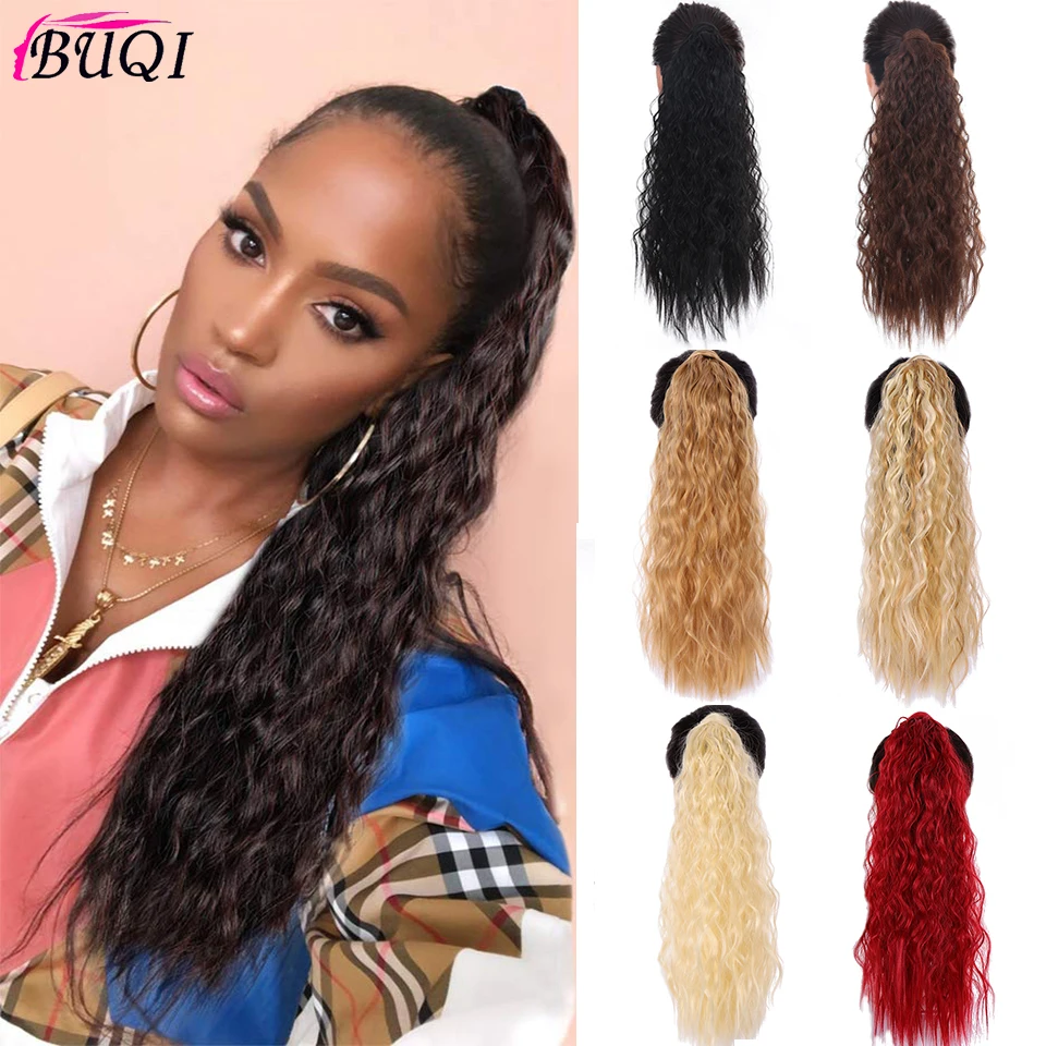 

Corn Wavy Long Ponytail Synthetic Hairpiece Wrap on Clip Hair Extensions Ombre 4 color Pony Tail Fack Hair BUQI