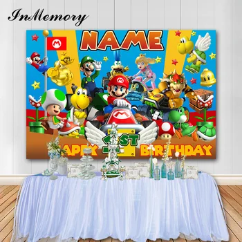 

InMemory Game Super Mario Photography Backgrounds Cartoon Kids 1st Birthday Party Photo Backdrops Custom Name Banner Photozone