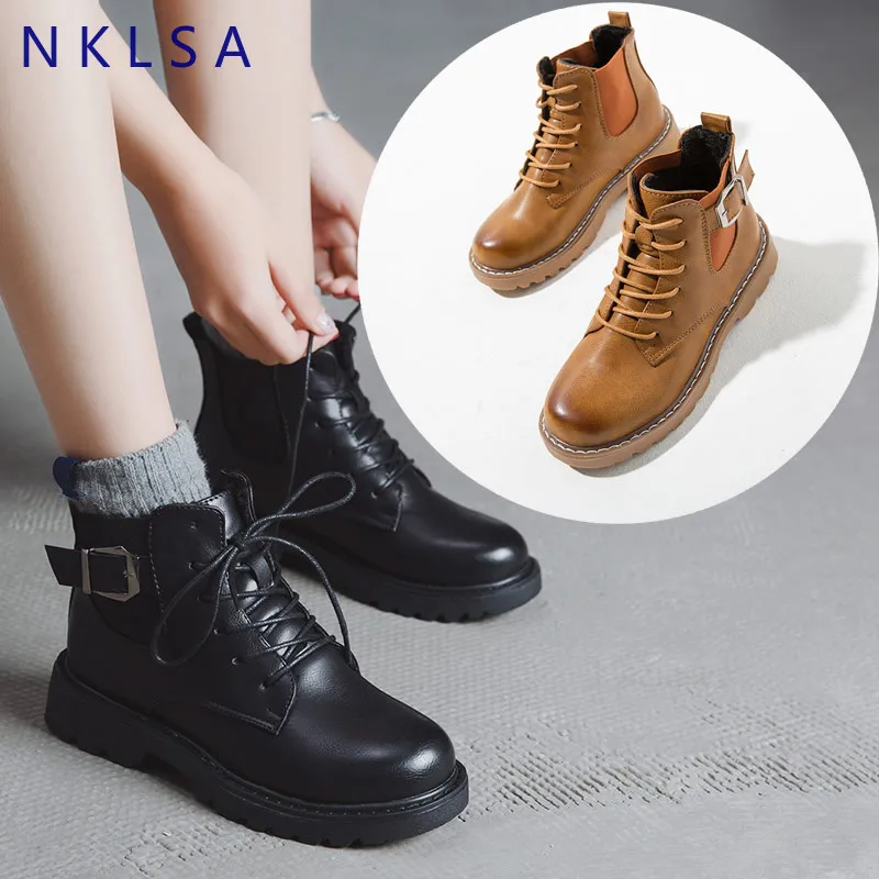 

NKLSA 2019 Autumn Winter Leather Ankle Boots High Quality Wipe Color Fashion Women's Boots Lace Up New Snow Boots Women