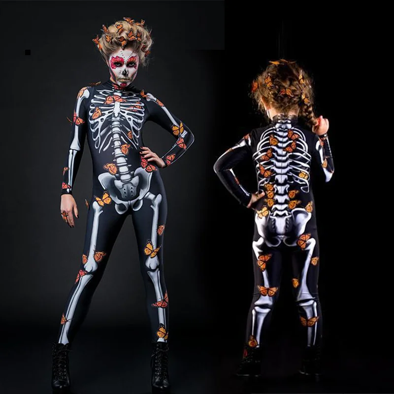 Rose Butterfly Skeleton Adult Kids Scary Halloween Cosplay Costume Sexy Jumpsuit Carnival Day of The Dead Baby Girl Bodysuit