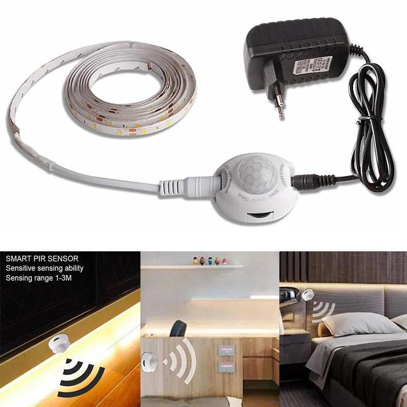 buy Kitchen Lighting 1M 2M 3M 4M 5M Led Strip 12V Motion Sensor Led Under Cabinet Light Bedroom Closet Wardrobe Lamp 220V Adapter