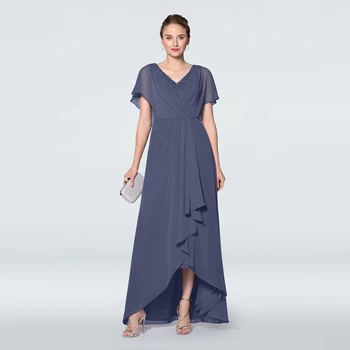 

Graceful A Line Navy Blue High Low Chiffon Beading V Neck Mother of the Bride Dresses Short Sleeves Wedding Party Gowns Pleated