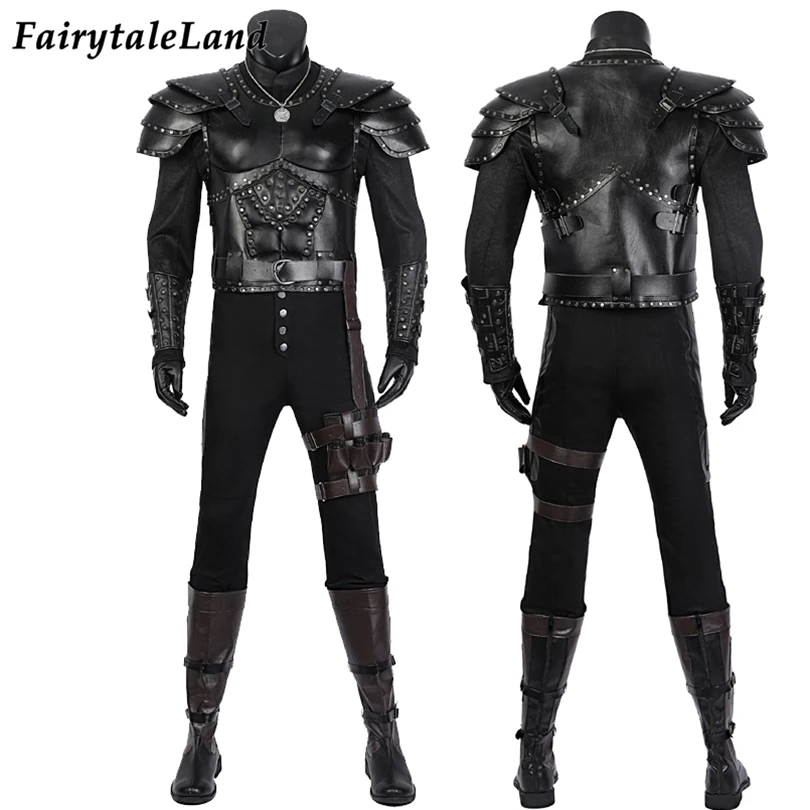 

Halloween Carnival Adult Witch Cosplay Rivia Costume Superhero Armor Outfit Black Faux Leather Wizard Hunter Rivet Suit