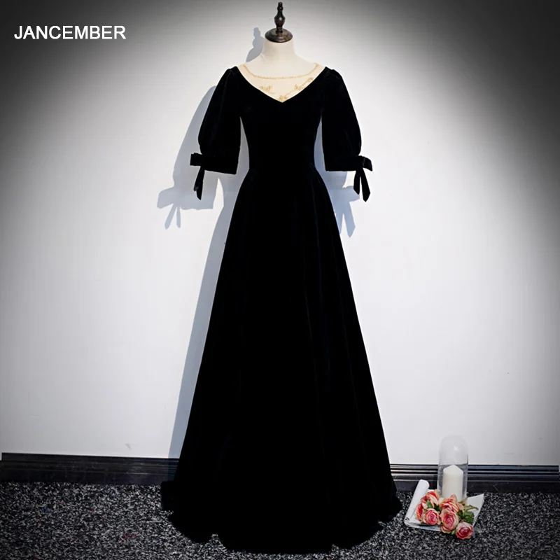 Простое длинное платье JANCEMBER WLN18581 черное велюровое А-силуэта вечернее на
