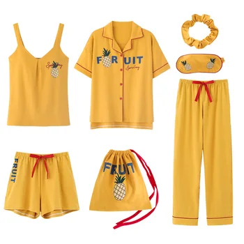 

2020 summer Cotton Pajamas for Women 7 Pieces Set cotton Sleepwear Home Clothes Female v-neck Shorts Pants sexi sleep wear