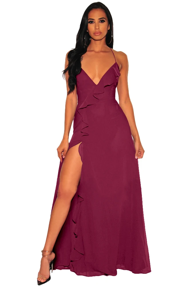 Сексуальное платье Макси женское длинное вечернее платье Vestido de Fiesta Ruffles Slit Robe de Soiree летнее платье с открытой спиной WMZ-2435