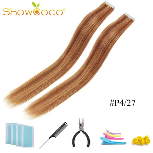 ColorP4 27 -40 Pcs ShowCoco лента в Пряди человеческих волос для наращивания натурального волос 20/40 шт, смешанные цвета, Цвет горячие головы для наращивания блеск коричневого до блондинка ленточных накопителей - Цвет: ColorP4 27 -40 Pcs