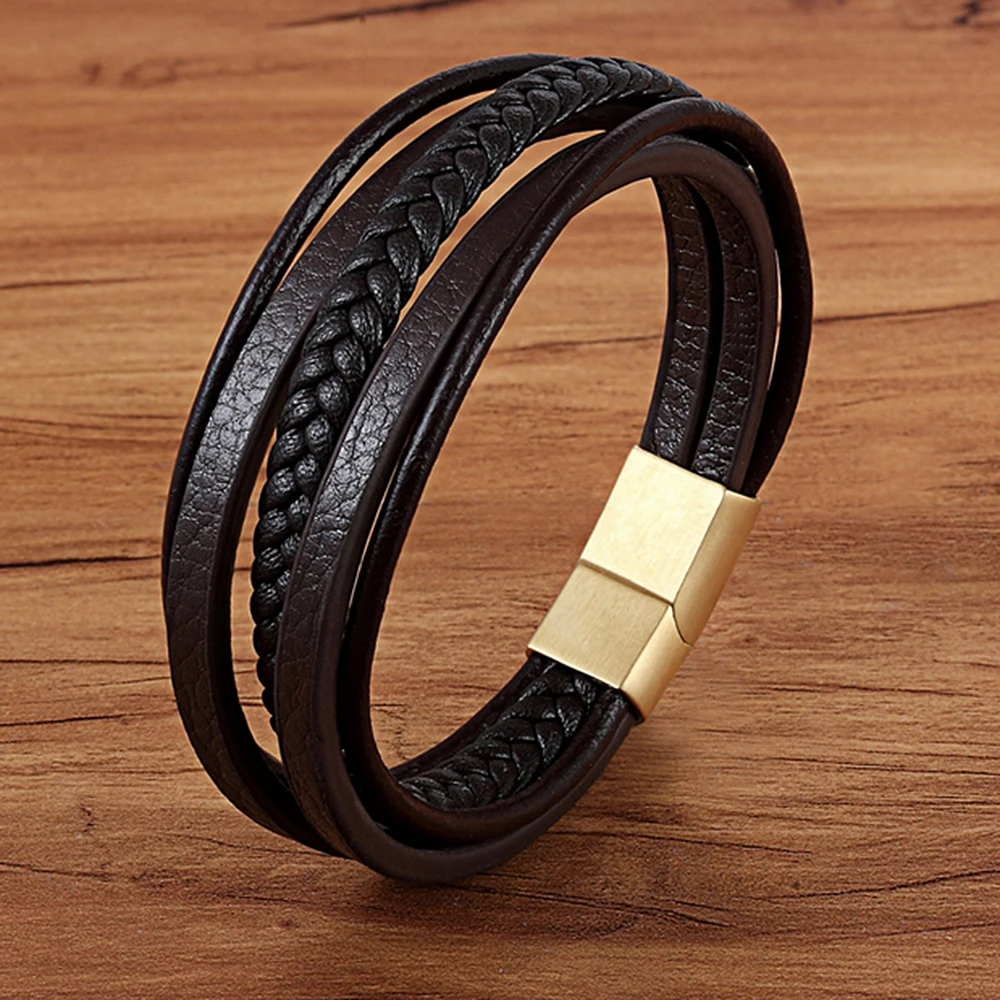 Stainless Steel Top Quality Jewelry Male Black/Brwon Leather Bracelet Men Braided Multilayer Fashion Punk Wholesale
