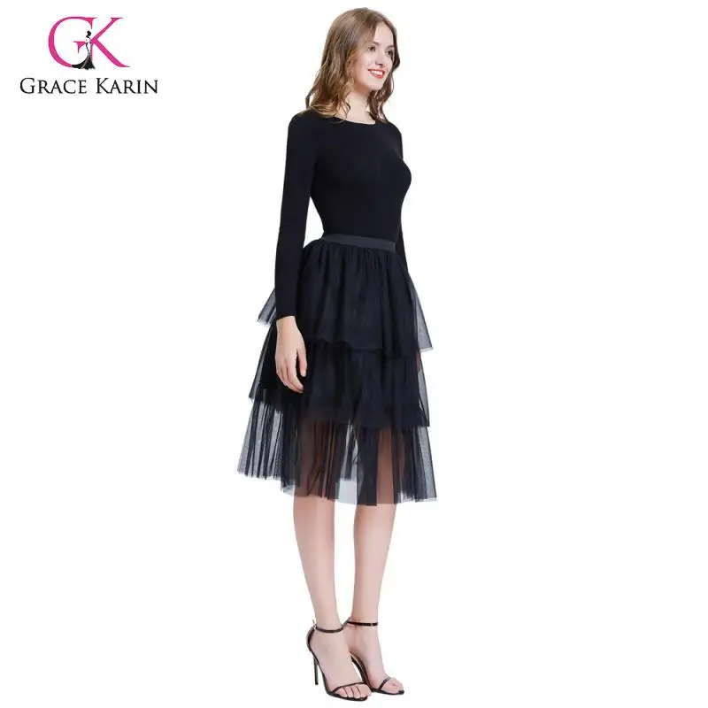 Grace Karin модная женская юбка черная Тюлевая сетчатая юбка эластичная талия три яруса двухслойная трапециевидная повседневная юбка