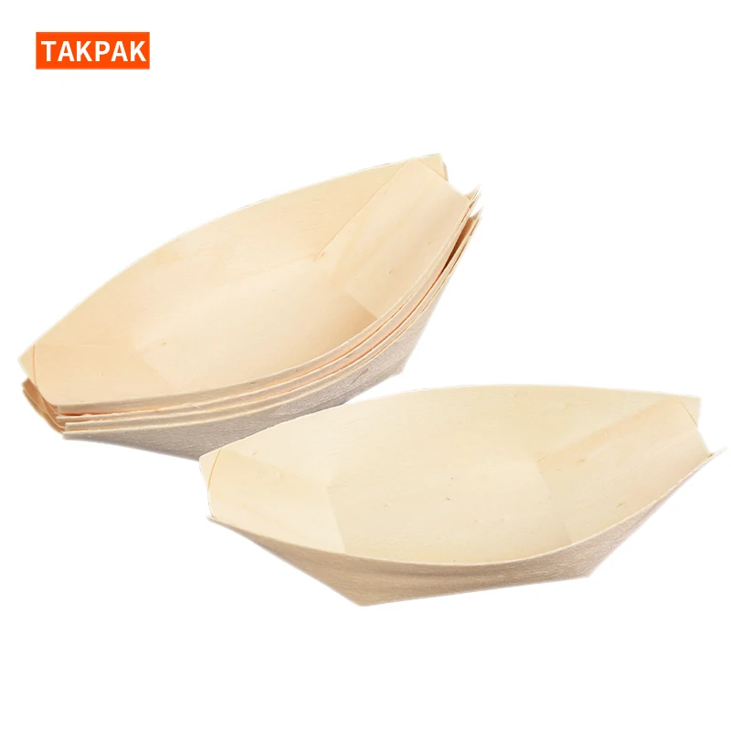 Wholesale Disposable Japanese Restaurant Snack Dessert Appetizers Salad Plate Pine Wooden Sushi Boat Tray Serving Plate