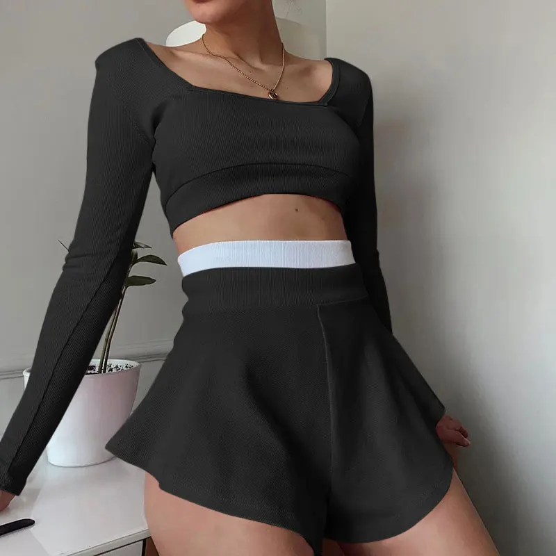 Long Sleeve Bolero Patchwork Shorts Sexy Women's Sets Slim Clothers Top High Waist Culotte Fashion Streetwear Sport Pulover 3XL mesh bikini cover up