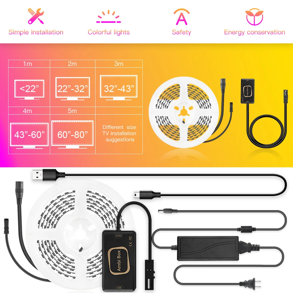 Ambilight ТВ USB светодиодная полоса света Мечта Цвет для HD ТВ монитор Настольный ПК экран подсветка световая лента 1 м~ 5 м комплект