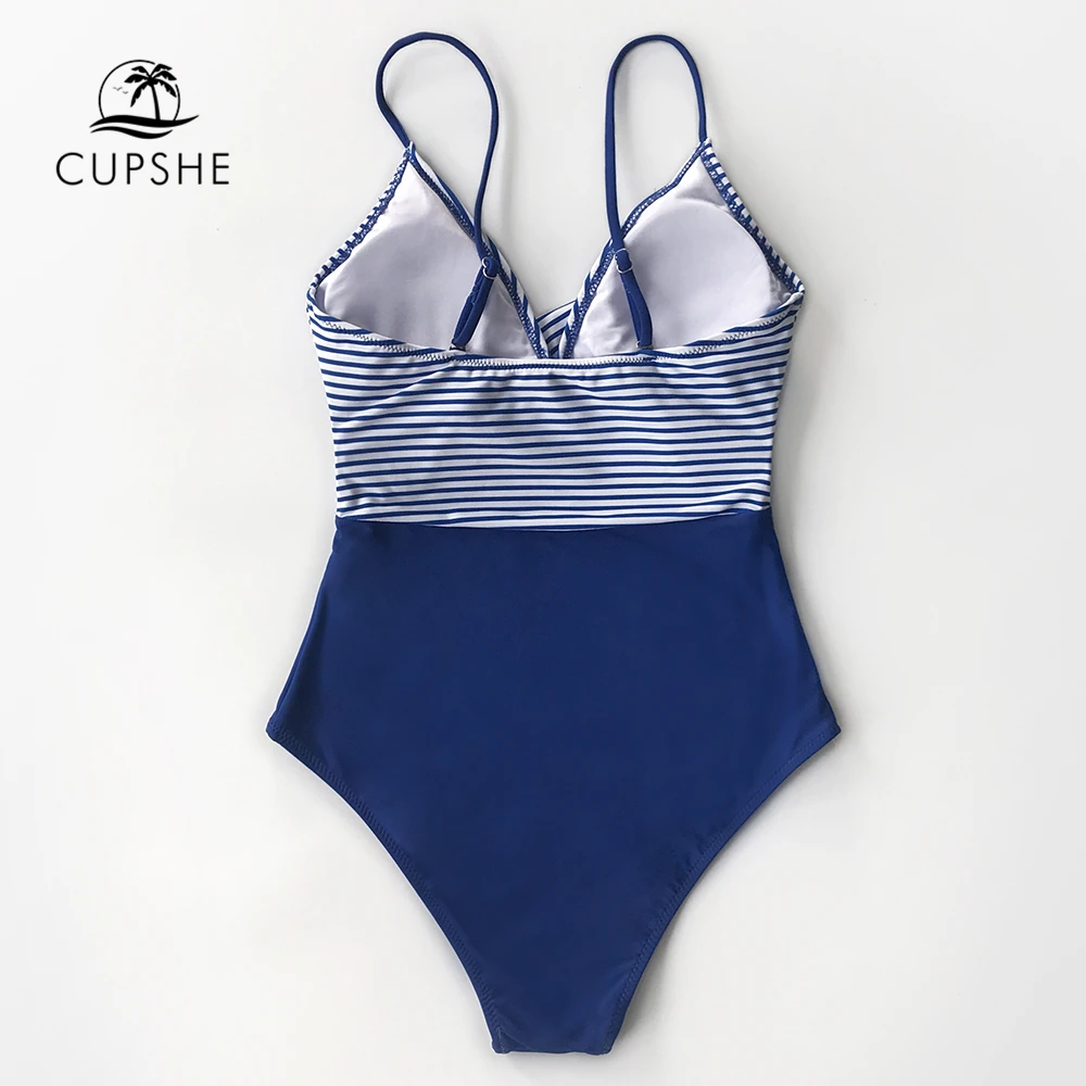 Cheap Price of CUPSHE Blue and Stripe V-neck One-Piece Swimsuit Women ...