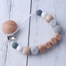 Personalized Name Beech Wood Chew Beads Pacifier Clips Dummy Chain Holder Cute Soother Chains Baby Teething Toy Baby Chew