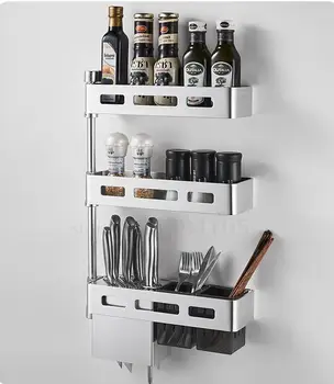

Kitchen Shelf Corner Wall Mounted Knife Rest Hole Free Condiment Shelf Rotating Condiment Storage Box Shelf