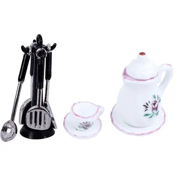 

1 set 1/12 Kitchenware Cookware Set & 1 set 1/12 Dollhouse Miniature Dining Ware Porcelain Tea Set Pot Cup Dish