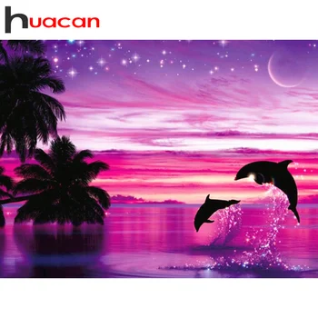 

Huacan Full Square/Round Diamond Painting Landscape Sunset 5D DIY Diamonds Embroidery Dolphin Art Kits Decorations Home