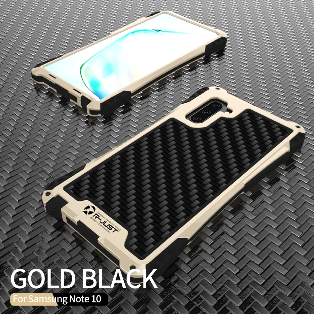 Gold Black R-JUST чехол для samsung Galaxy Note 10 Plus S10, Металлический Алюминиевый противоударный чехол из углеродного волокна для samsung Note 10 Plus Coque - Цвет: Gold Black