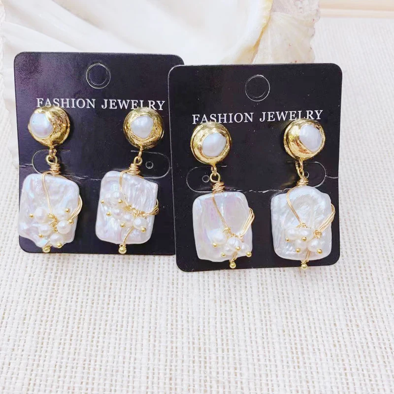 

Natural Fresh Water Baroque Pearl Earrings For Women Square Dangle Earrings Luxury Handmade Fine Jewelry Wholesale 3Pairs