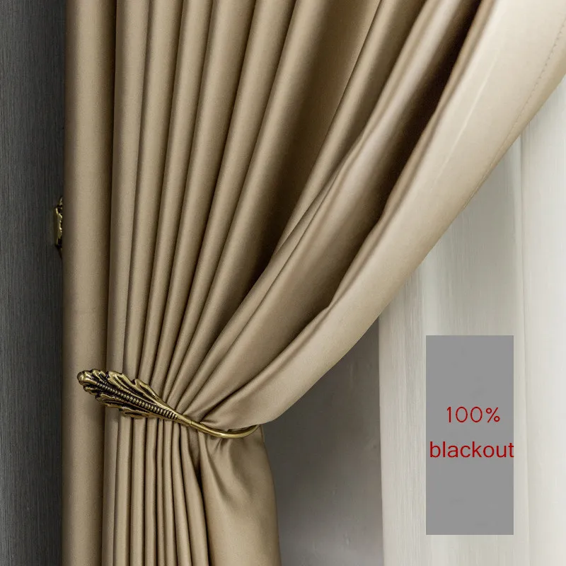 

Gold silk Blackout ready curtains Thermal Insulated for Living Room bedroom luxury thick solid curtain window treatment