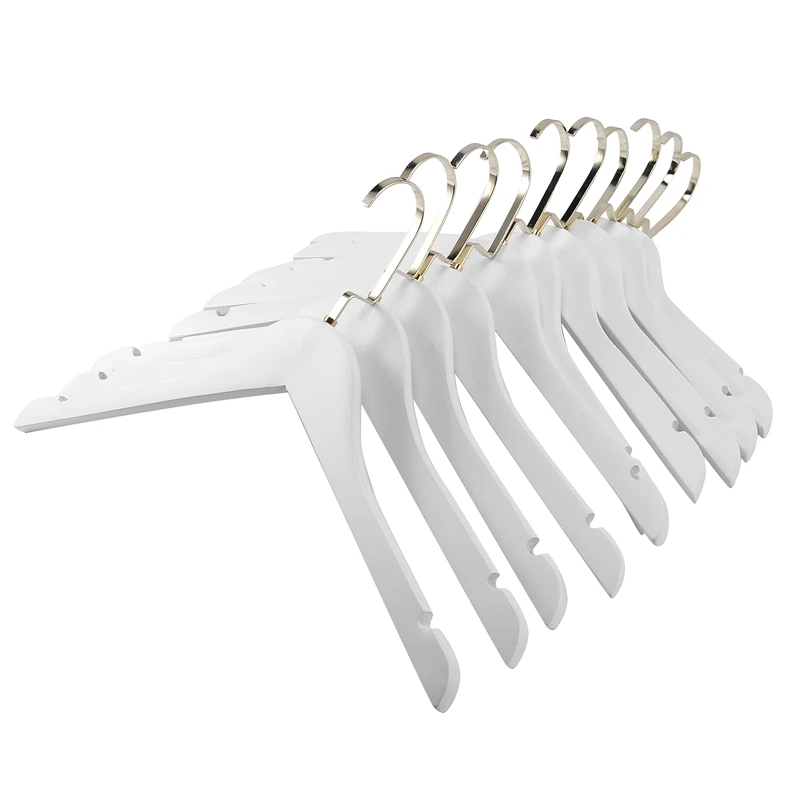 New 10 Pcs Hanger Gold Hook White Wooden Coats Clothes Pants Suits