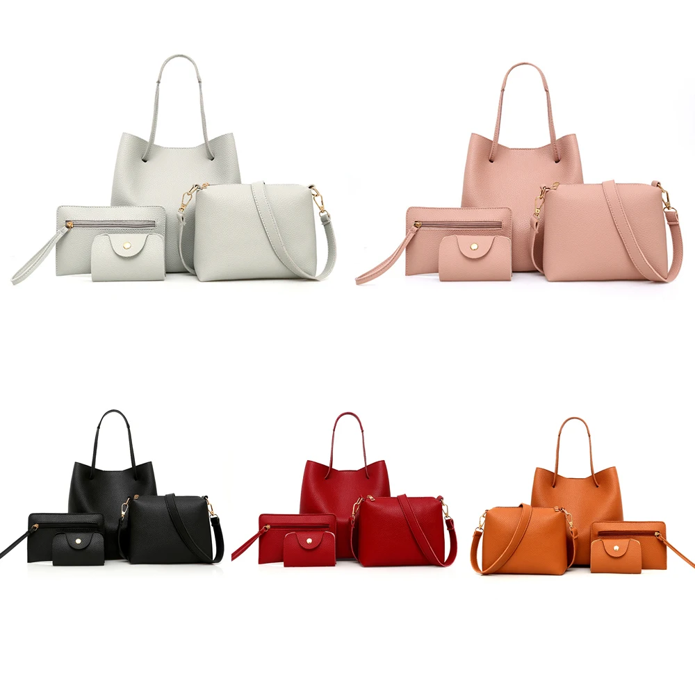 4 шт., модные женские сумки, набор из искусственной кожи, дамская сумочка, одноцветная сумка через плечо, сумка-кошелек, сумки для женщин