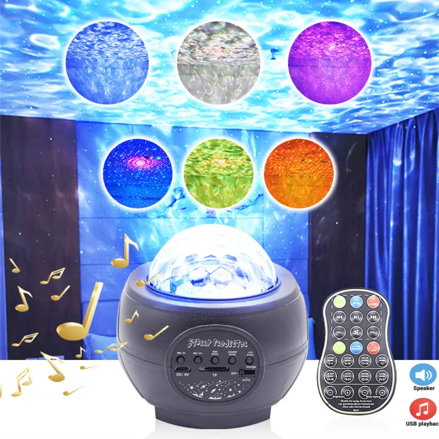 

USB Led Starry Sky Projector Lamp Night Light Remote Ocean Wave Lamp With Bluetooth Music Speaker Stage Lights Bedroom Decora