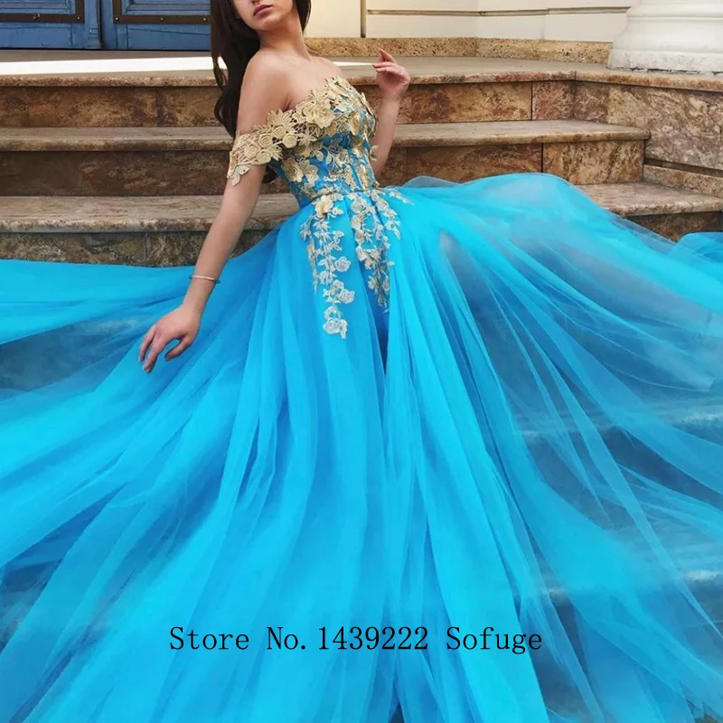 

Blue Tulle Off The Shoulder Evening Dresses Prom Golden Appliques Robe De Soiree Plus Size High Slit Formal Evening Party Gown