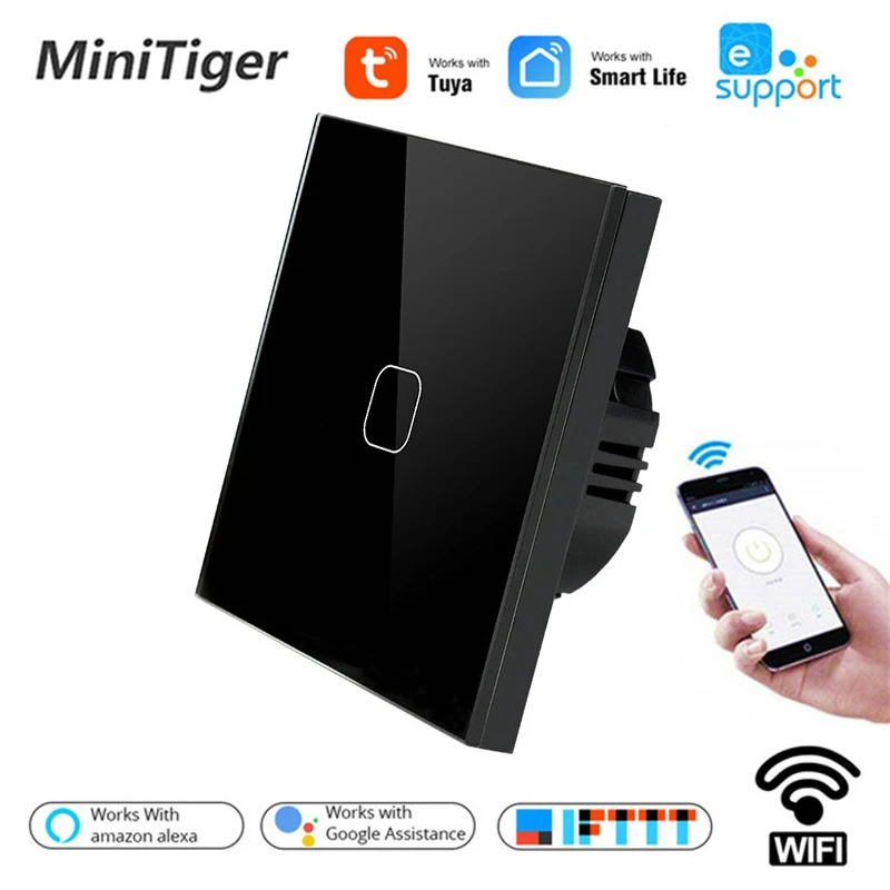 Умный стандарт ЕС Tuya/Smart Life/ewelink 1 банда 1 способ WiFi настенный светильник сенсорный переключатель для Google Home Amazon Alexa Голосовое управление - Цвет: WiFi Black 1gang