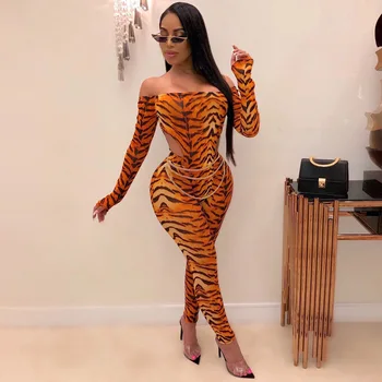 

leopard tigre 2 piece set bodysuit pants off shoulder bodycon sexy gloves 2019 autumn winter clothes outfit streetwear