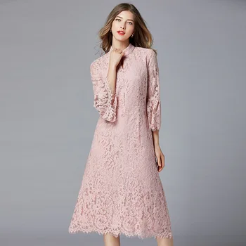 

2020 Women Spring New Fashion Elegant Temperament Pink Lace Midi Dress Retro Flare Sleeve Stand Collar Hollow Out Dress Big Size