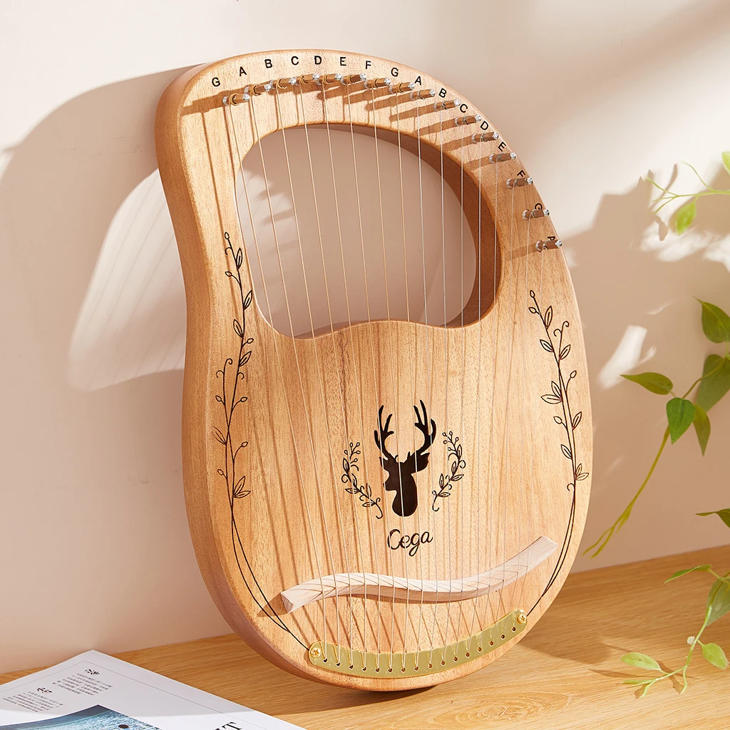 Lyre Harp 16 Strings Mahogany Wood Lye Harp with Tuning Hammer Carry Bag Instrument for Beginner