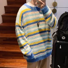 *#Best Price Winter Thick Sweater Men's Warm Fashion Contrast Color O-neck Knit Pullover Men Loose Striped Sweaters Male Sweter Clothes *#Best Price Winter Thick Sweater Men's Warm Fashion Contrast Color O-neck Knit Pullover Men Loose Striped Sweaters Male Sweter Clothes