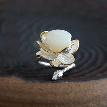 

New SNew Sterling Silver Natural Hetian Jade Lotus Handmade Female Model Atmospheric Retro Temperament Open Ring