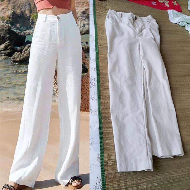 Casual Cotton Linen wide leg Beach pants bohemian loose pants female  vintage high waist Solid color straight trousers women capri clothing