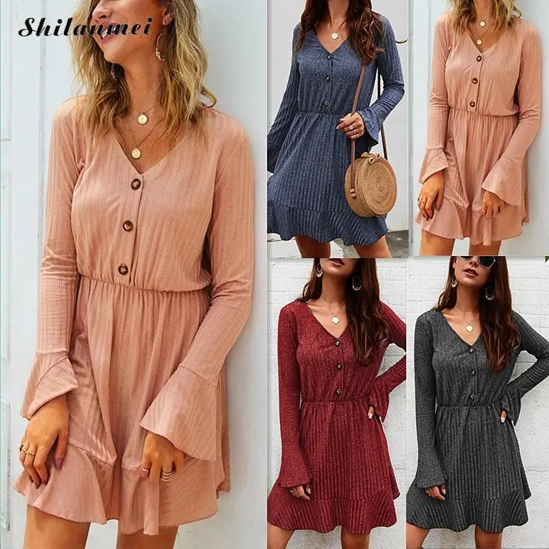 Сексуальное женское платье с v-образным вырезом расклешенными рукавами