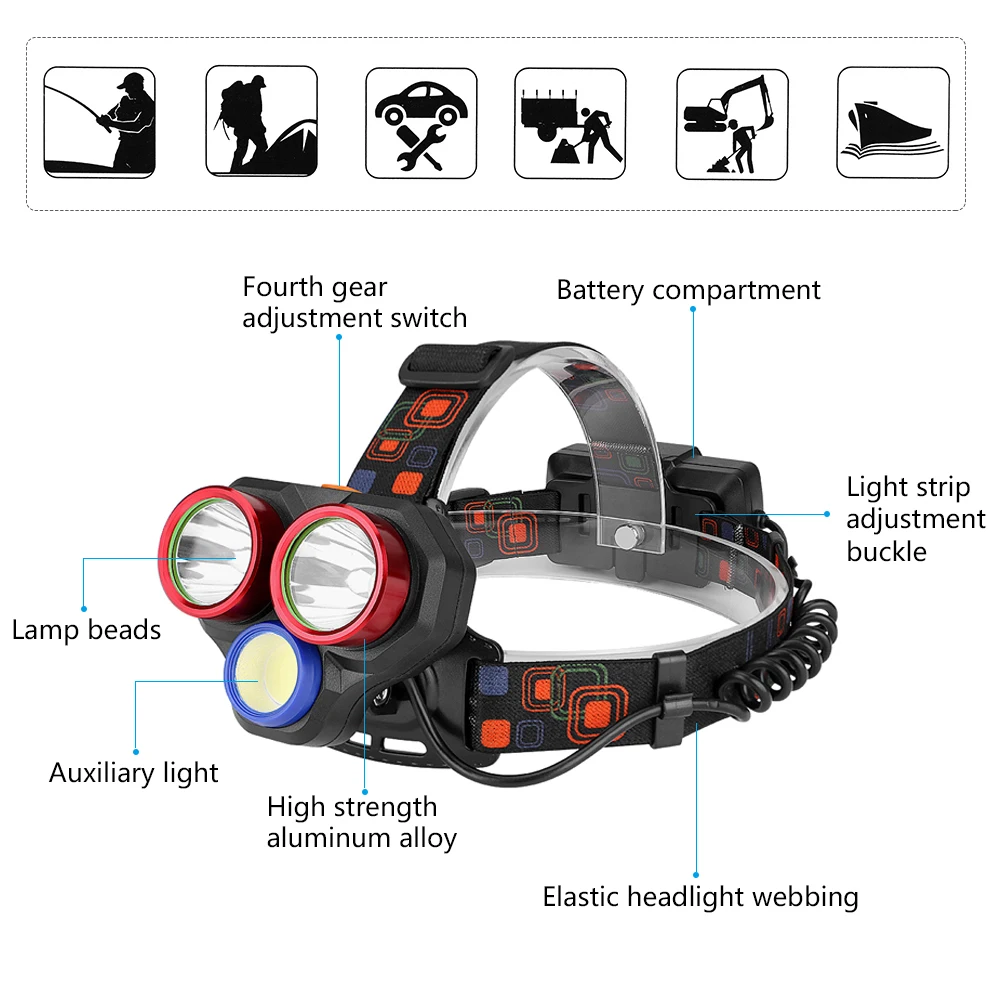 Супер яркий налобный фонарь перезаряжаемый налобный светильник мощный 2* T6 светодиодный+ 1* COB налобный светильник 4 режима Водонепроницаемый налобный фонарь налобный передний светильник