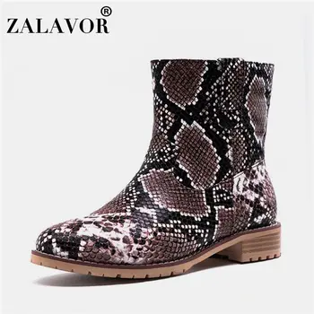 

ZALAVOR Women Flats Boots Snake Print Warm Winter Shoes Women Thick Fur Ankle Botas Simple Ladies Footwear Size 33-46