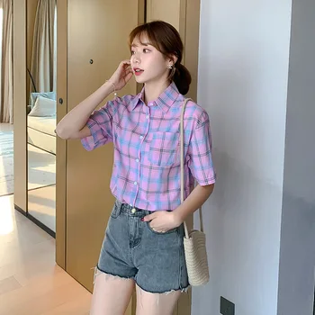 

Korean Fashion Summer Women Plaid Shirt Short Sleeve Shirts Women Streetwear Slim Purple Blouse Elegant Office Ladies Tops