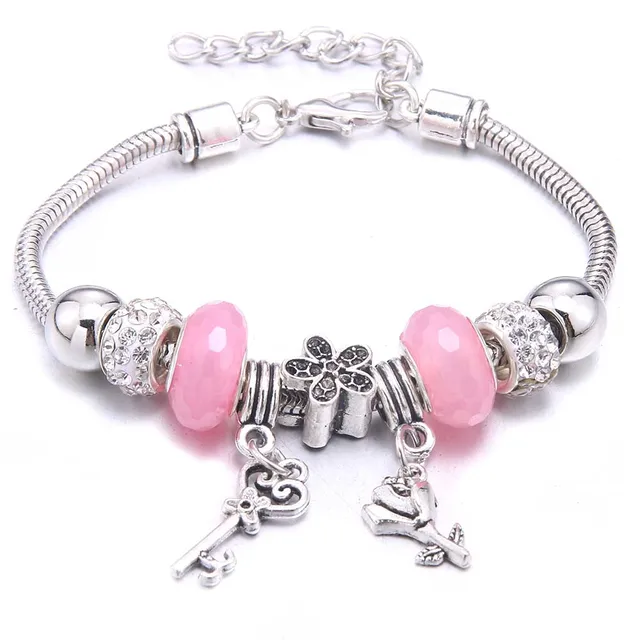 Antique Crown key lock Shape 6-colors crystal Charm Bracelets for Women Glass Beads Brand Bracelet & Bangle DIY Jewelry Gifts 27